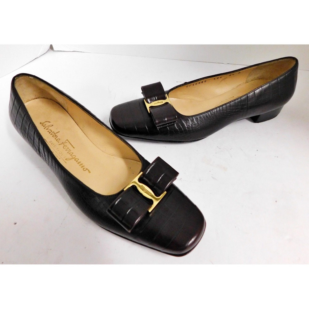 Salvatore Ferragamo Women's Brown Croc Leather Slip-On Bow Pumps 4.5 B NEW